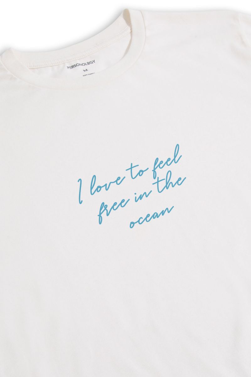 Off White Soft Fabric Freedom in Ocean Design Short Sleeve Tee