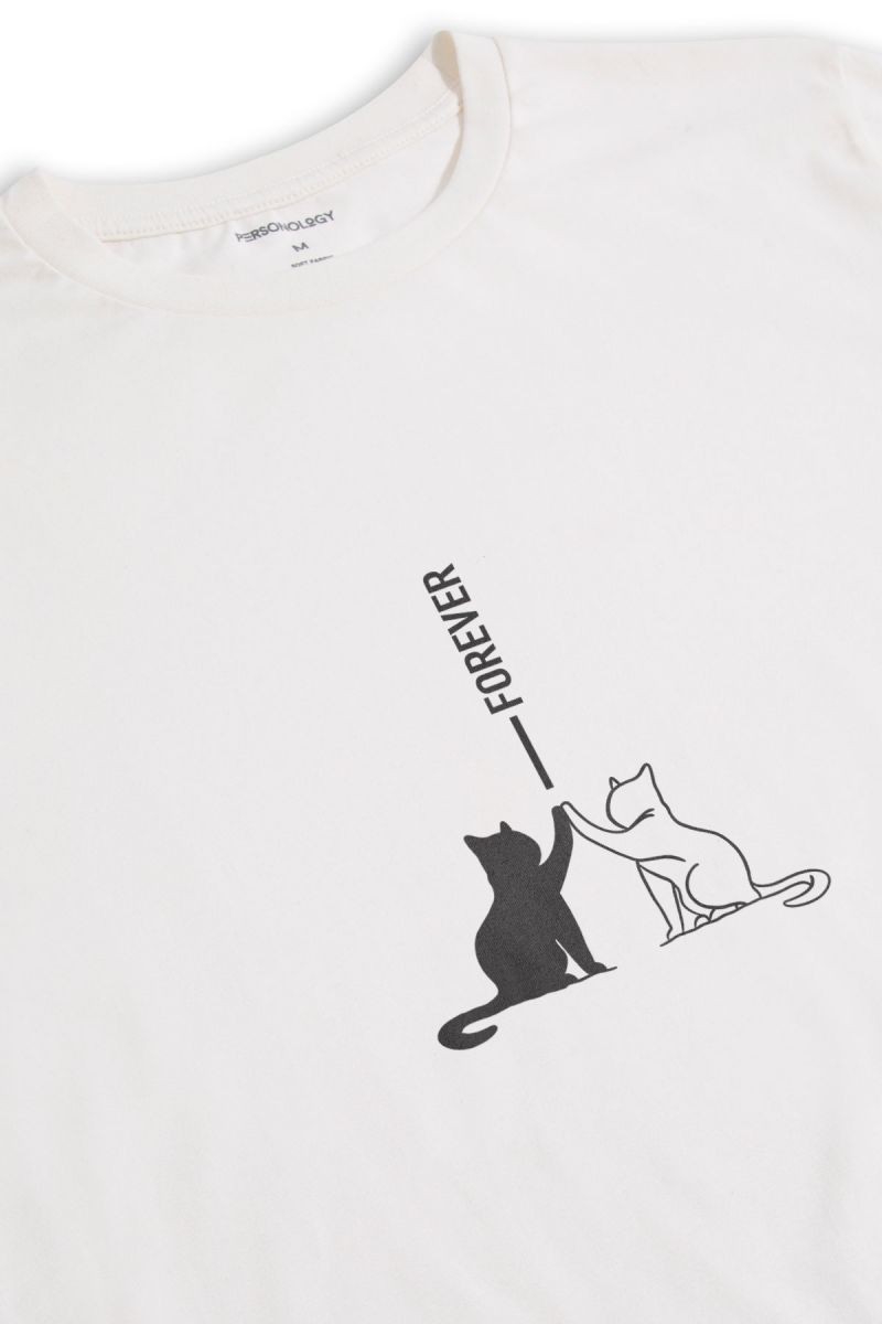 Off White Soft Fabric Cat Design Short Sleeve Tee