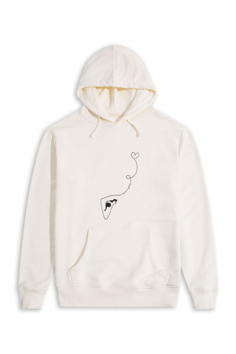 Ecru Premium Cotton Cat Design Pullover Hoodie