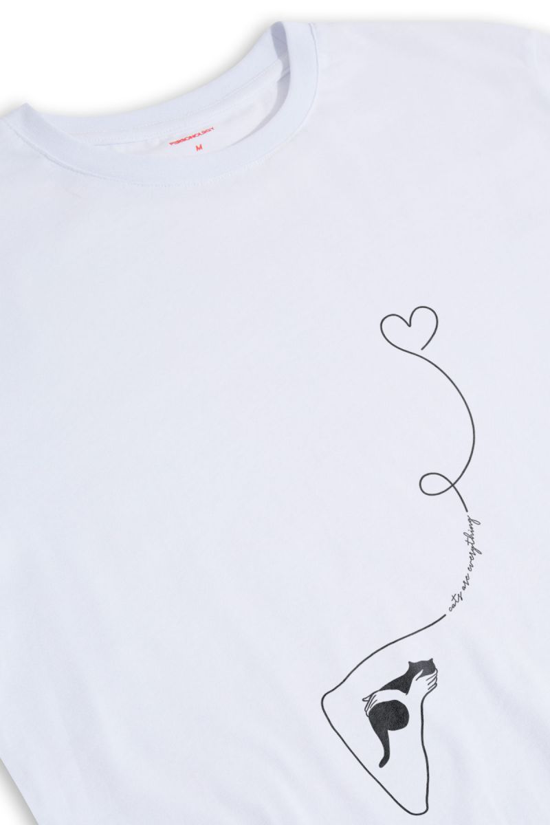 White Soft Fabric Cat Design Short Sleeve Tee