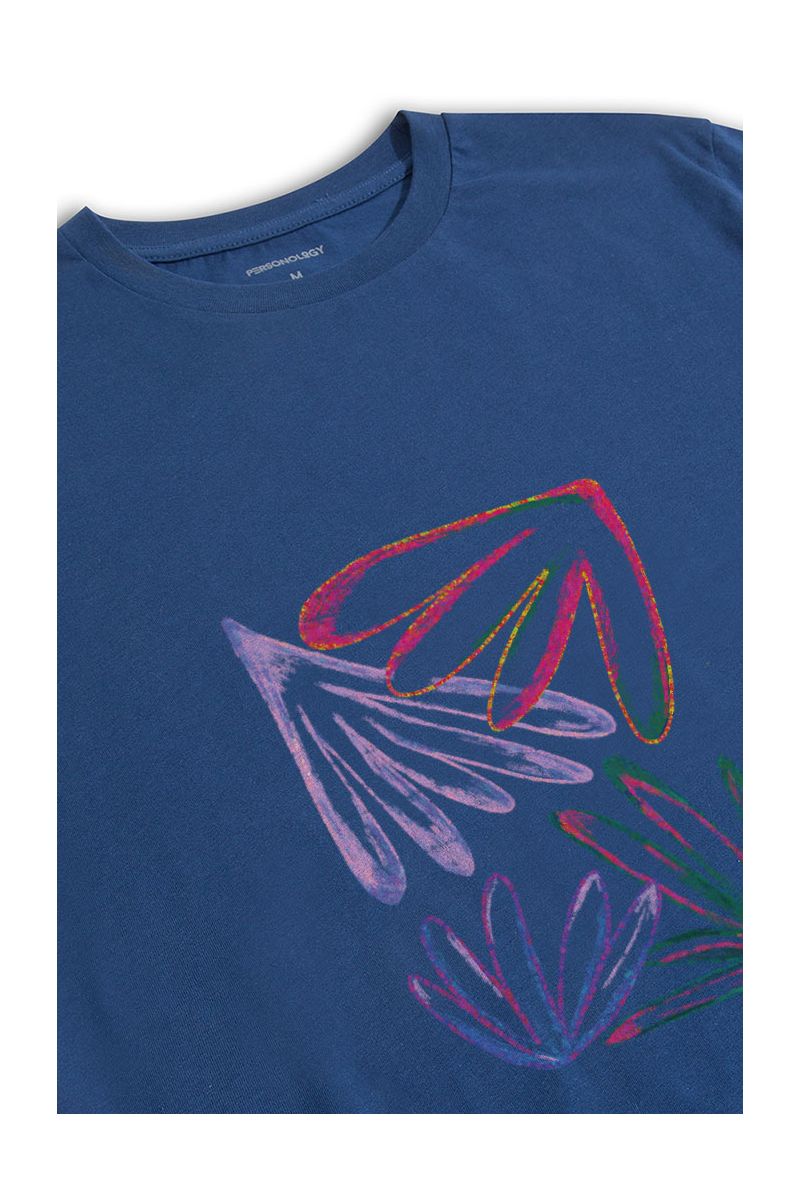 Navy Soft Fabric Acid Flower Design Short Sleeve Tee