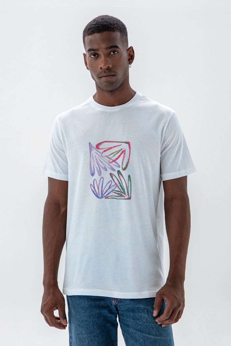 White Soft Fabric Acid Flower Design Short Sleeve Tee