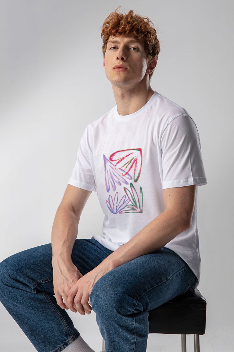 White Soft Fabric Acid Flower Design Short Sleeve Tee