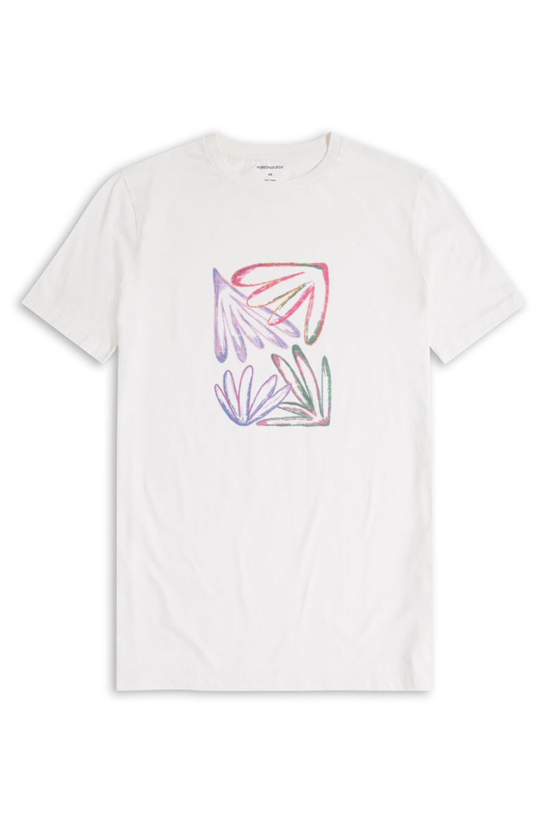 Off White Soft Fabric Acid Flower Design Short Sleeve Tee