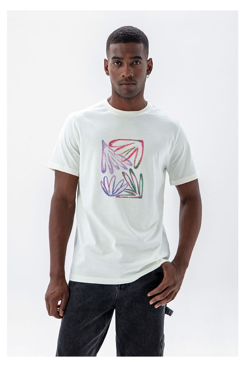 Off White Soft Fabric Acid Flower Design Short Sleeve Tee