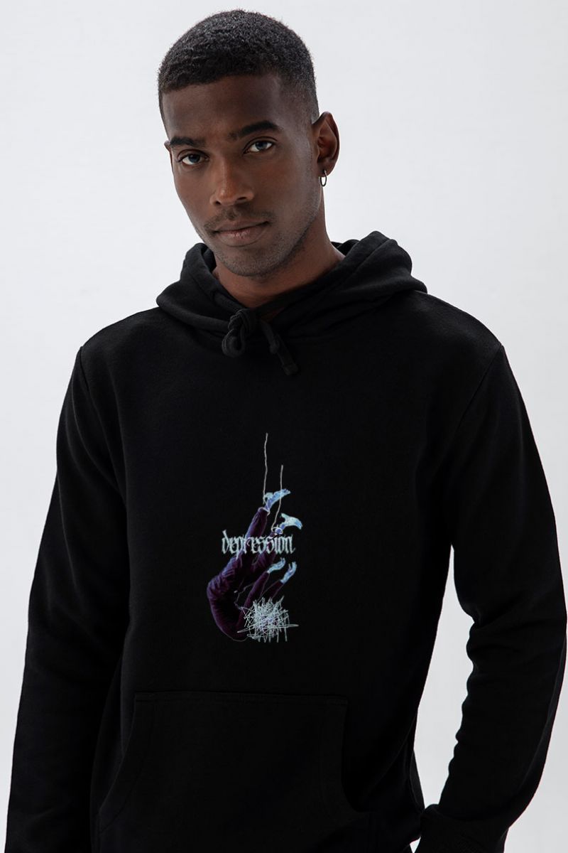 Black Premium Cotton Depression Design Pullover Hoodie