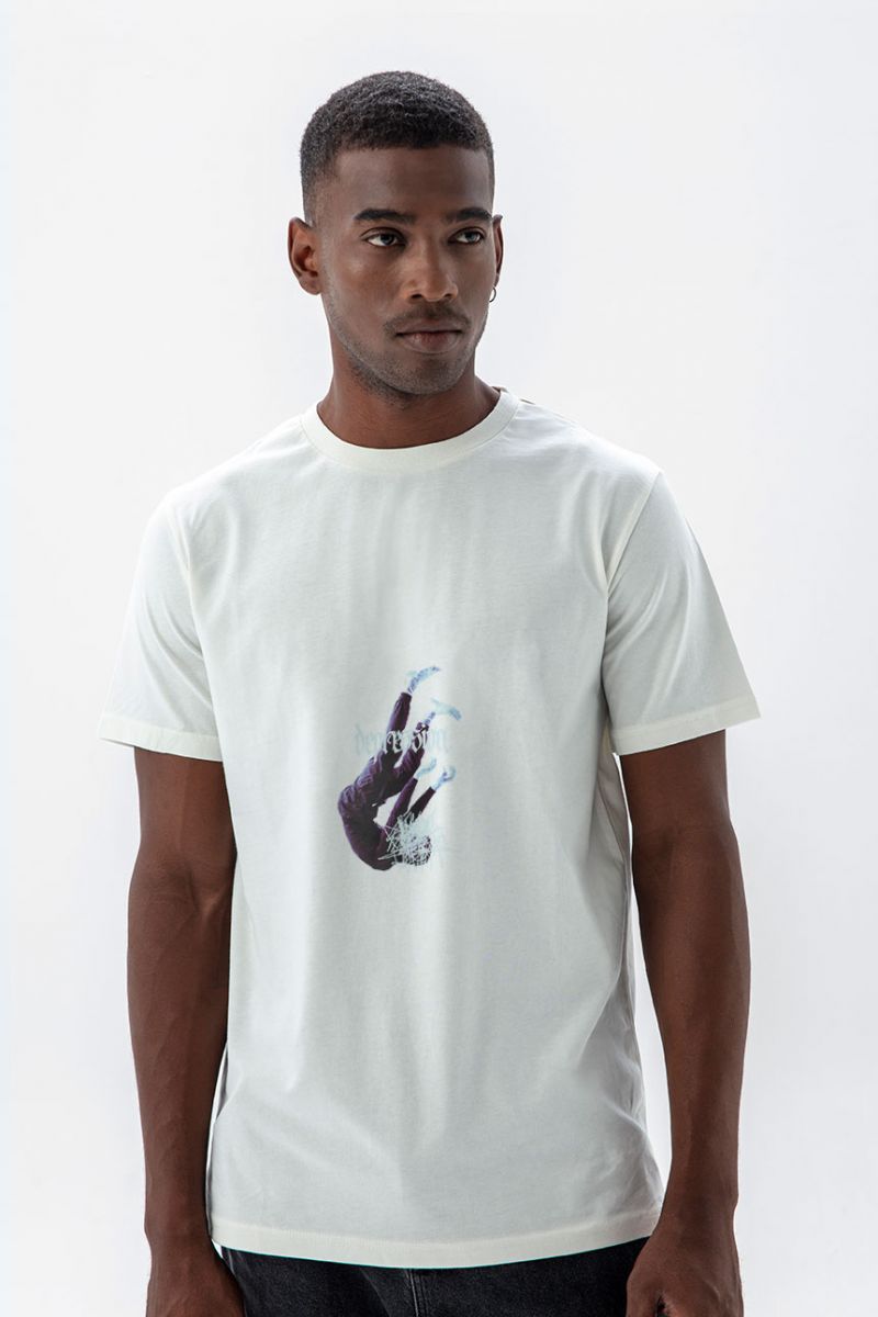 Off White Soft Fabric Depression Design Short Sleeve Tee