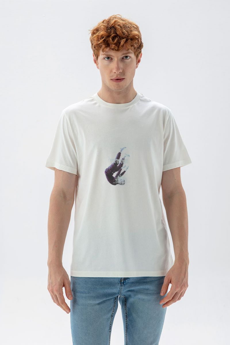 Off White Soft Fabric Depression Design Short Sleeve Tee