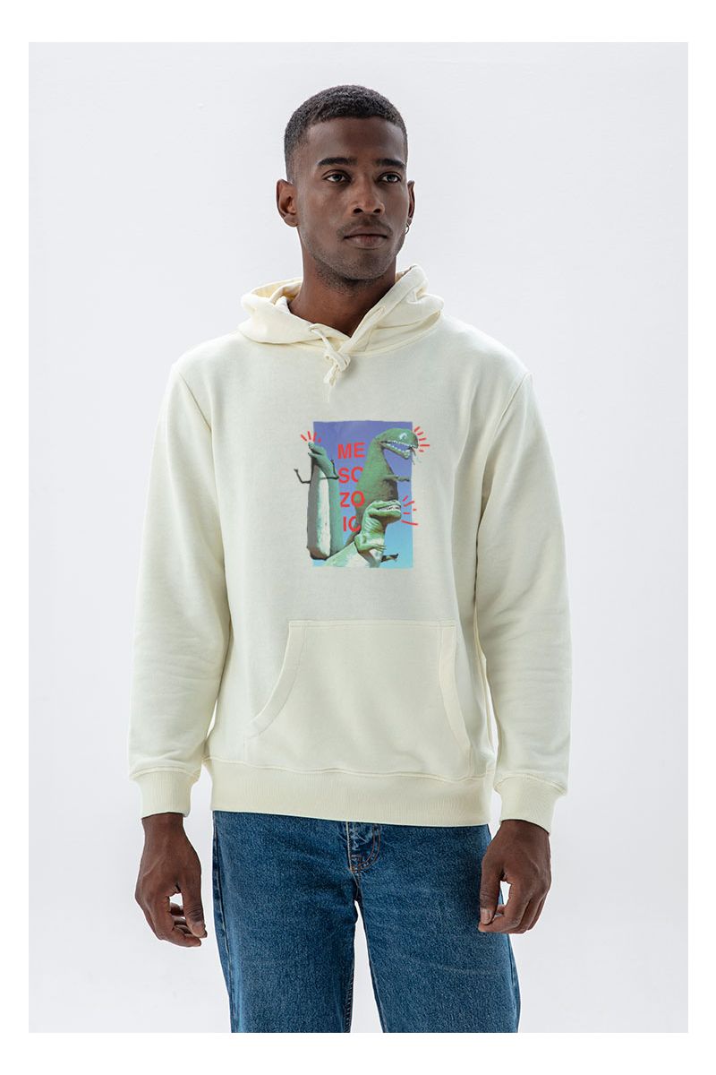 Ecru Premium Cotton Dinosaurs Design Pullover Hoodie