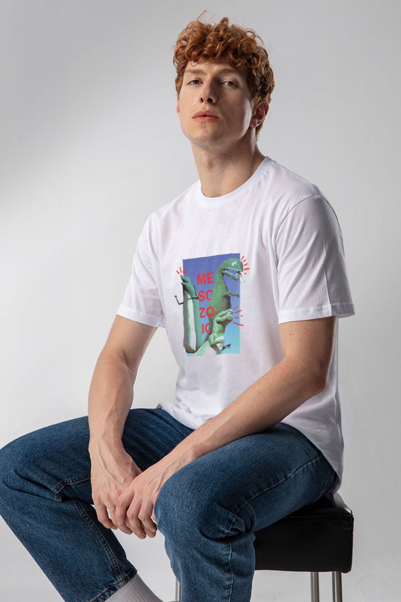 White Soft Fabric Dinosaurs Design Short Sleeve Tee