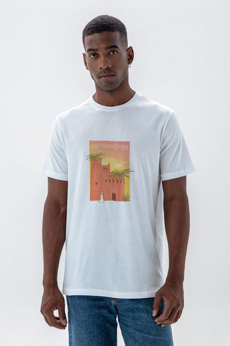 White Soft Fabric Morocco Design Short Sleeve Tee