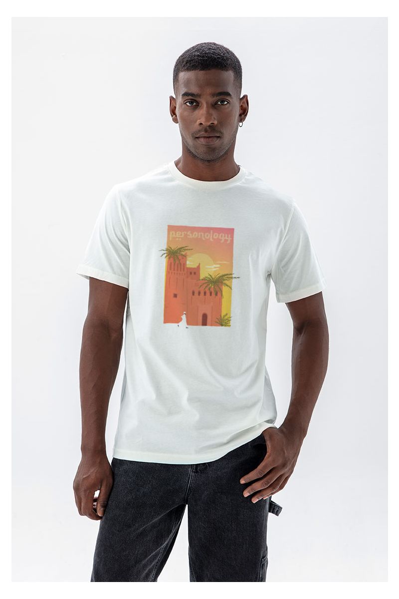 Off White Soft Fabric Morocco Design Short Sleeve Tee