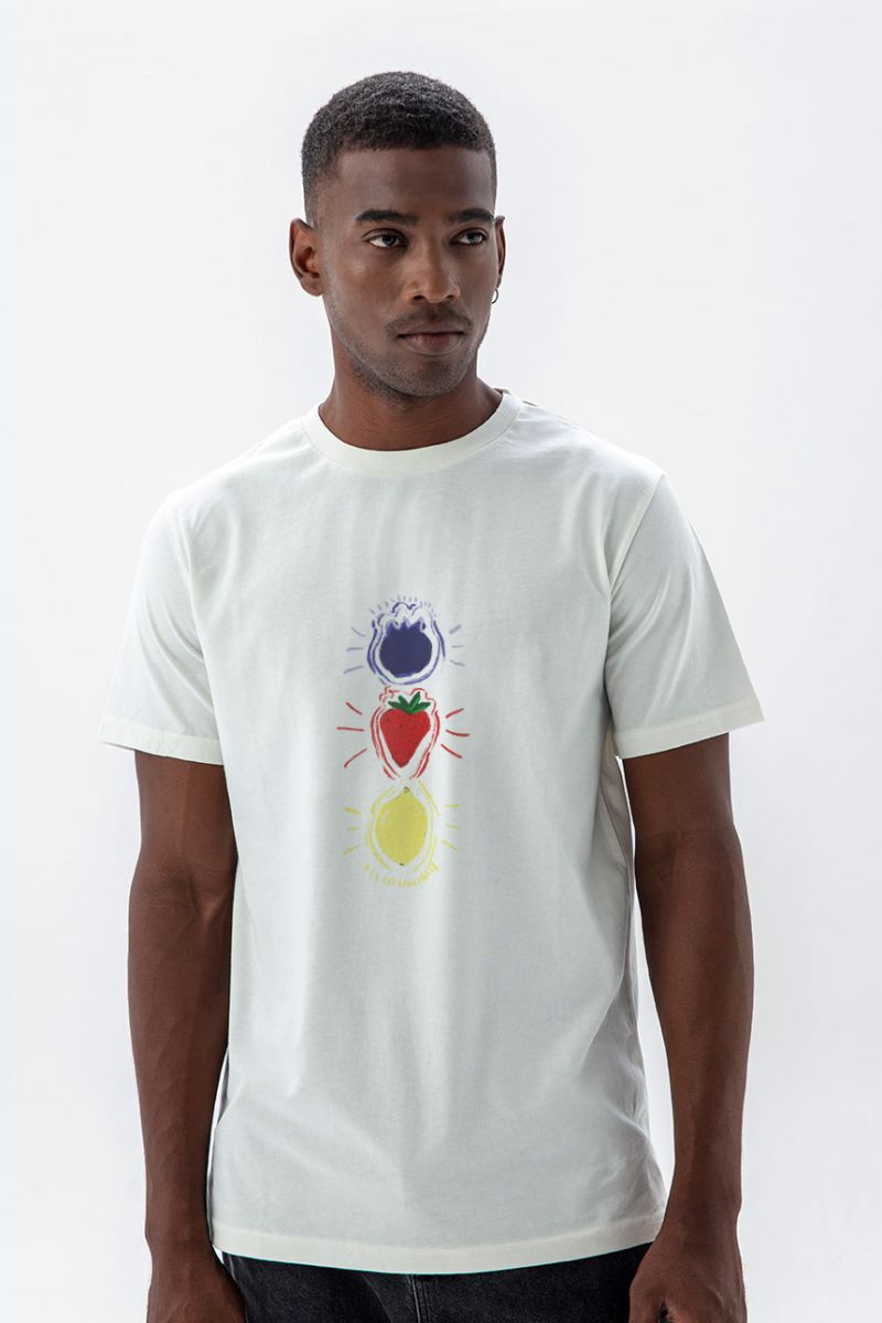 Off White Soft Fabric Fruit Design Short Sleeve Tee