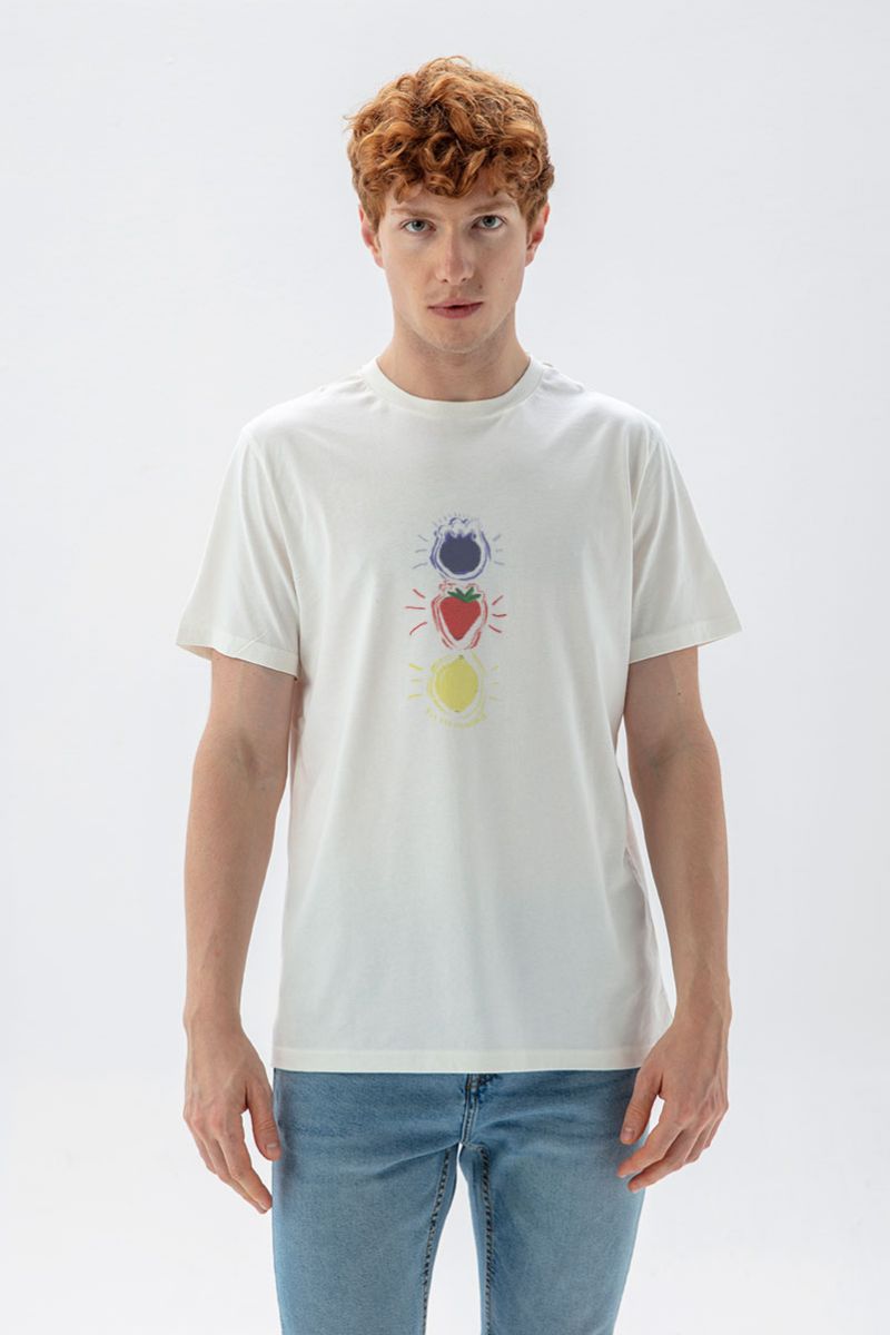 Off White Soft Fabric Fruit Design Short Sleeve Tee