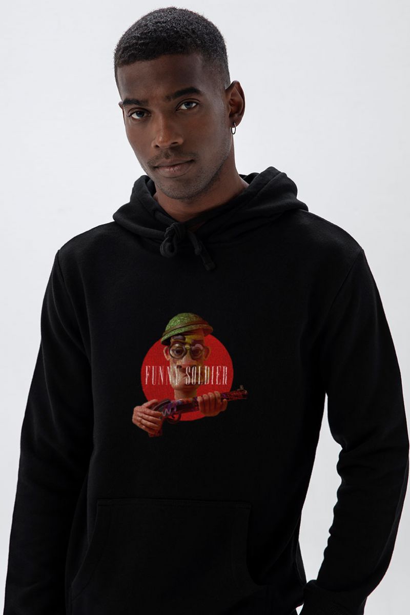 Black Premium Cotton Funny Soldier Design Pullover Hoodie