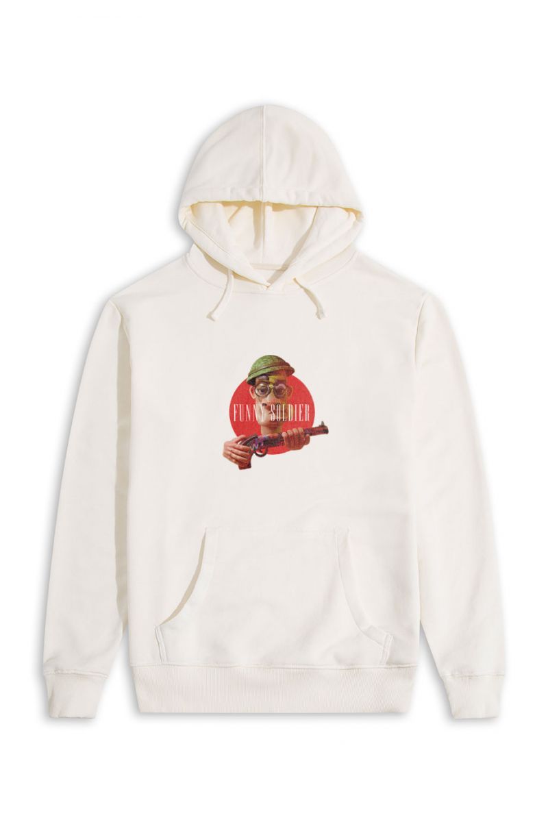 Ecru Premium Cotton Funny Soldier Design Pullover Hoodie