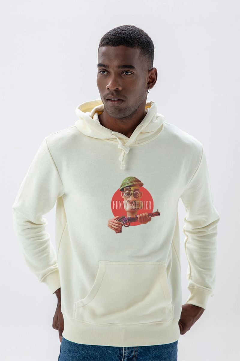 Ecru Premium Cotton Funny Soldier Design Pullover Hoodie