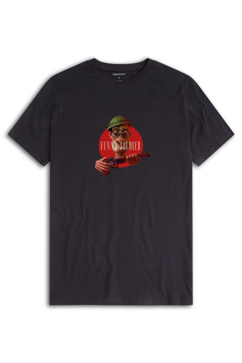 Black Soft Fabric Funny Soldier Design Short Sleeve Tee