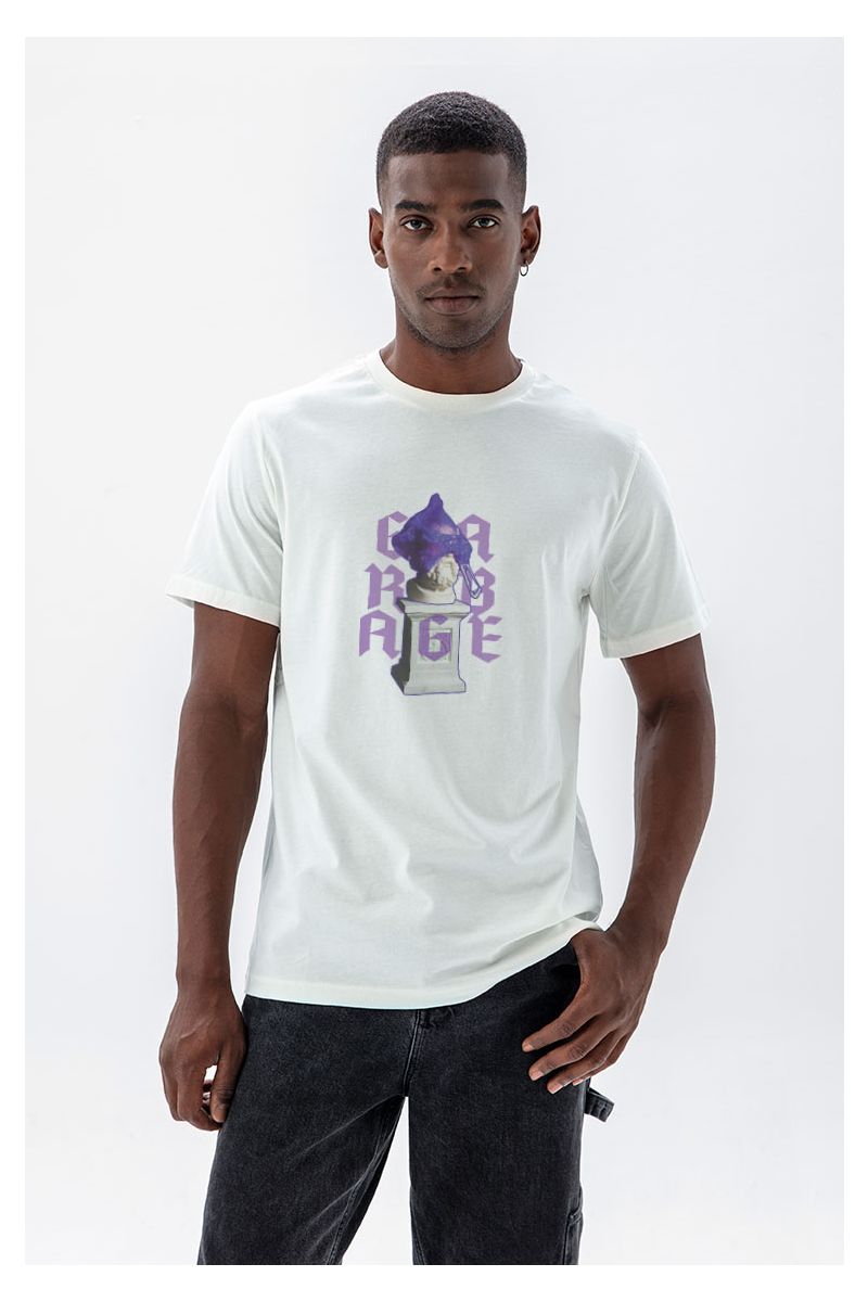 Off White Soft Fabric Garbage Design Short Sleeve Tee