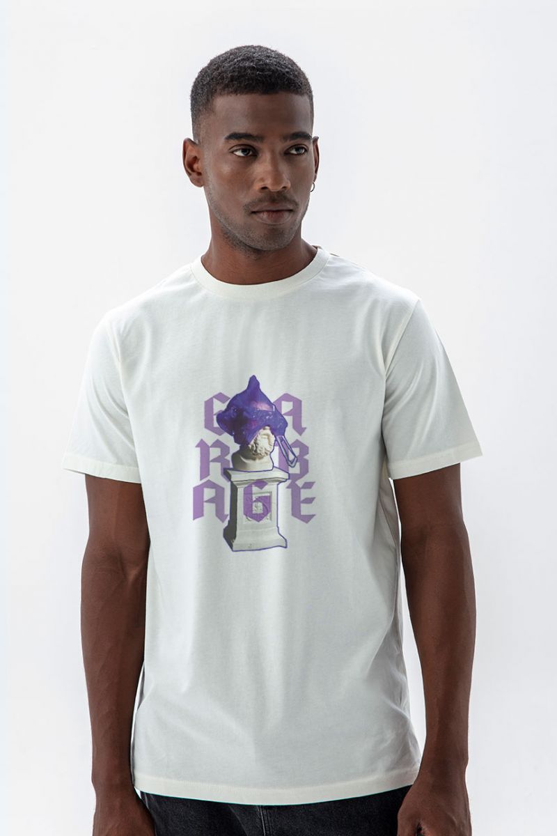 Off White Soft Fabric Garbage Design Short Sleeve Tee