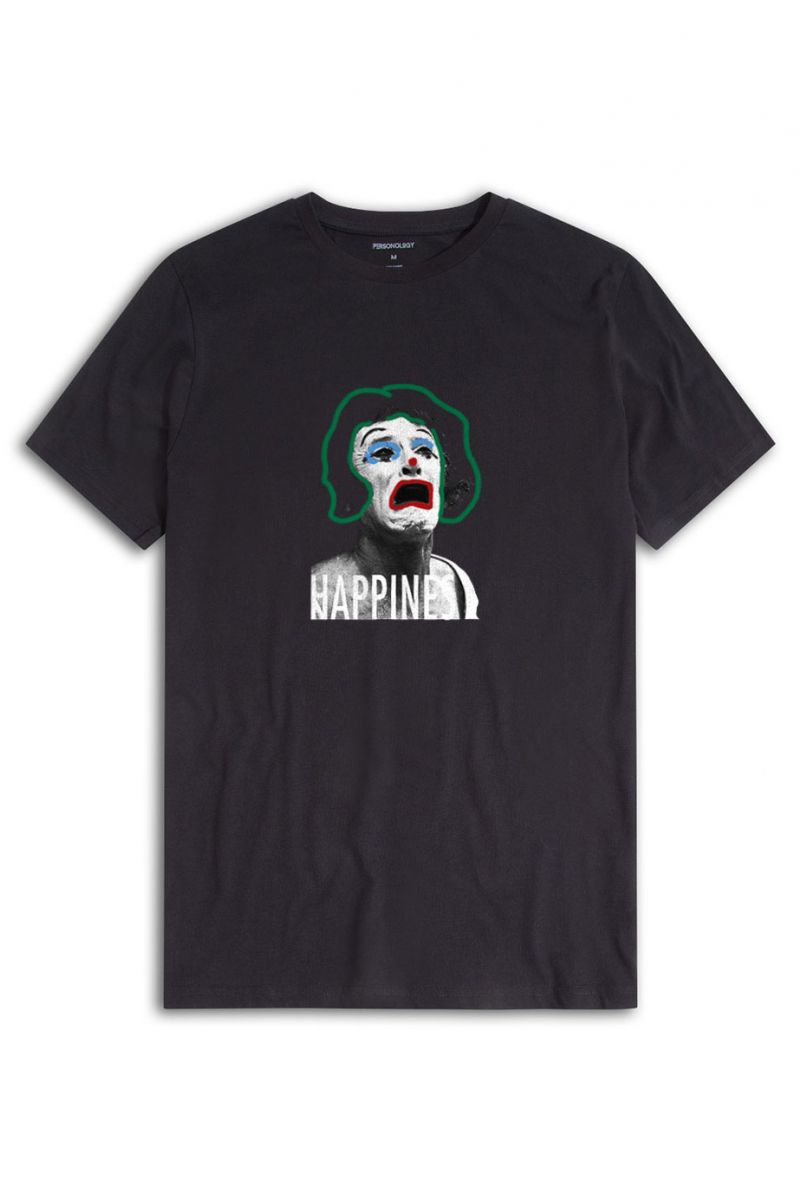 Black Soft Fabric Happiness Design Short Sleeve Tee