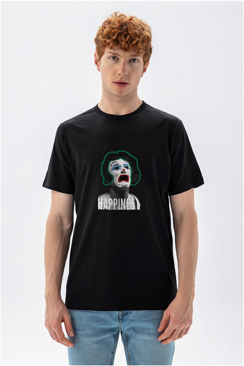 Black Soft Fabric Happiness Design Short Sleeve Tee