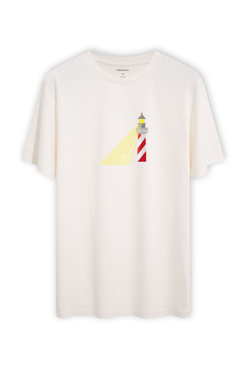 Off White Soft Fabric Lighthouse Design Short Sleeve Tee