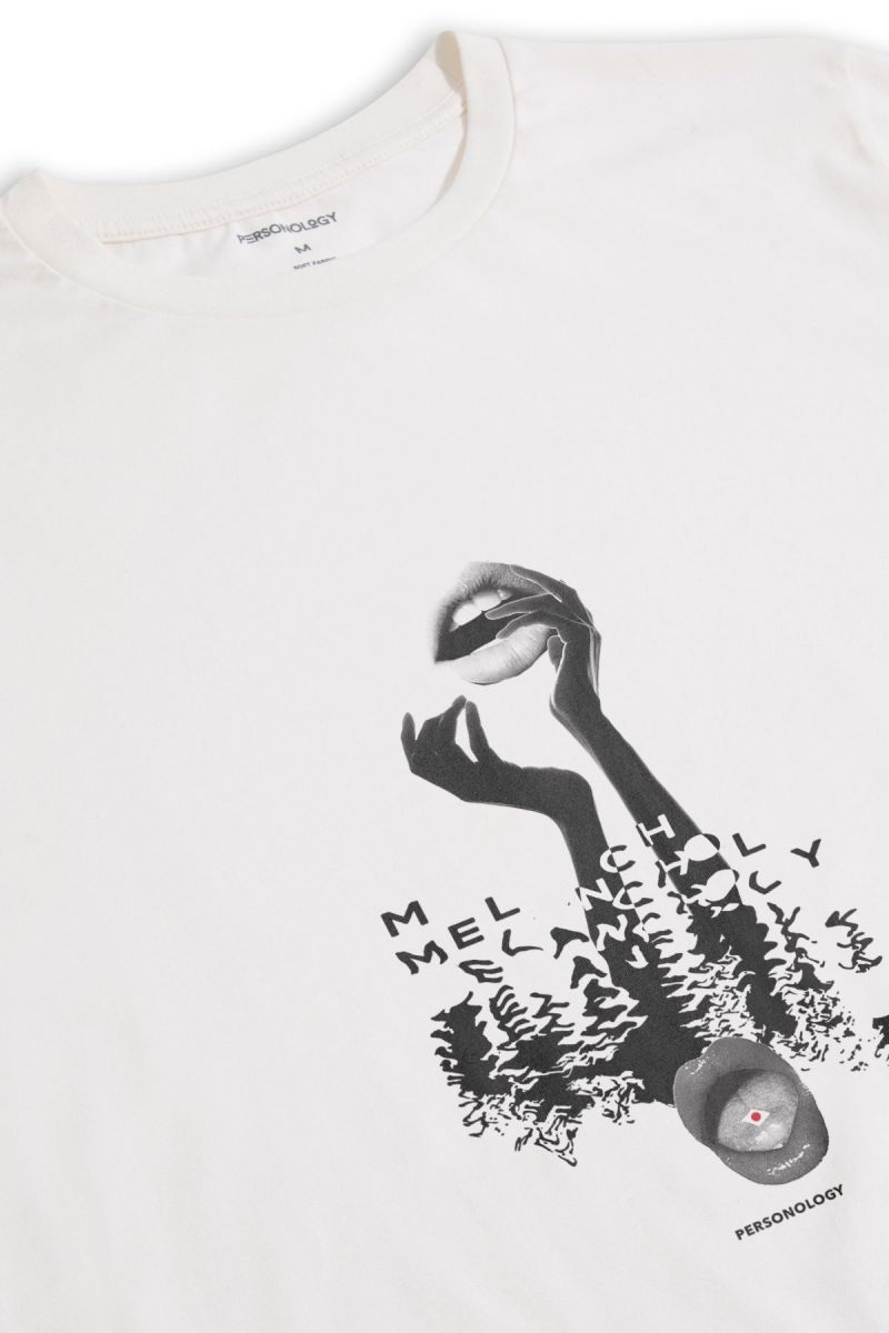 Off White Soft Fabric Melancholy Design Short Sleeve Tee
