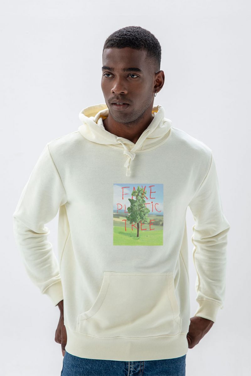 Ecru Premium Cotton Plastic Tree Design Pullover Hoodie