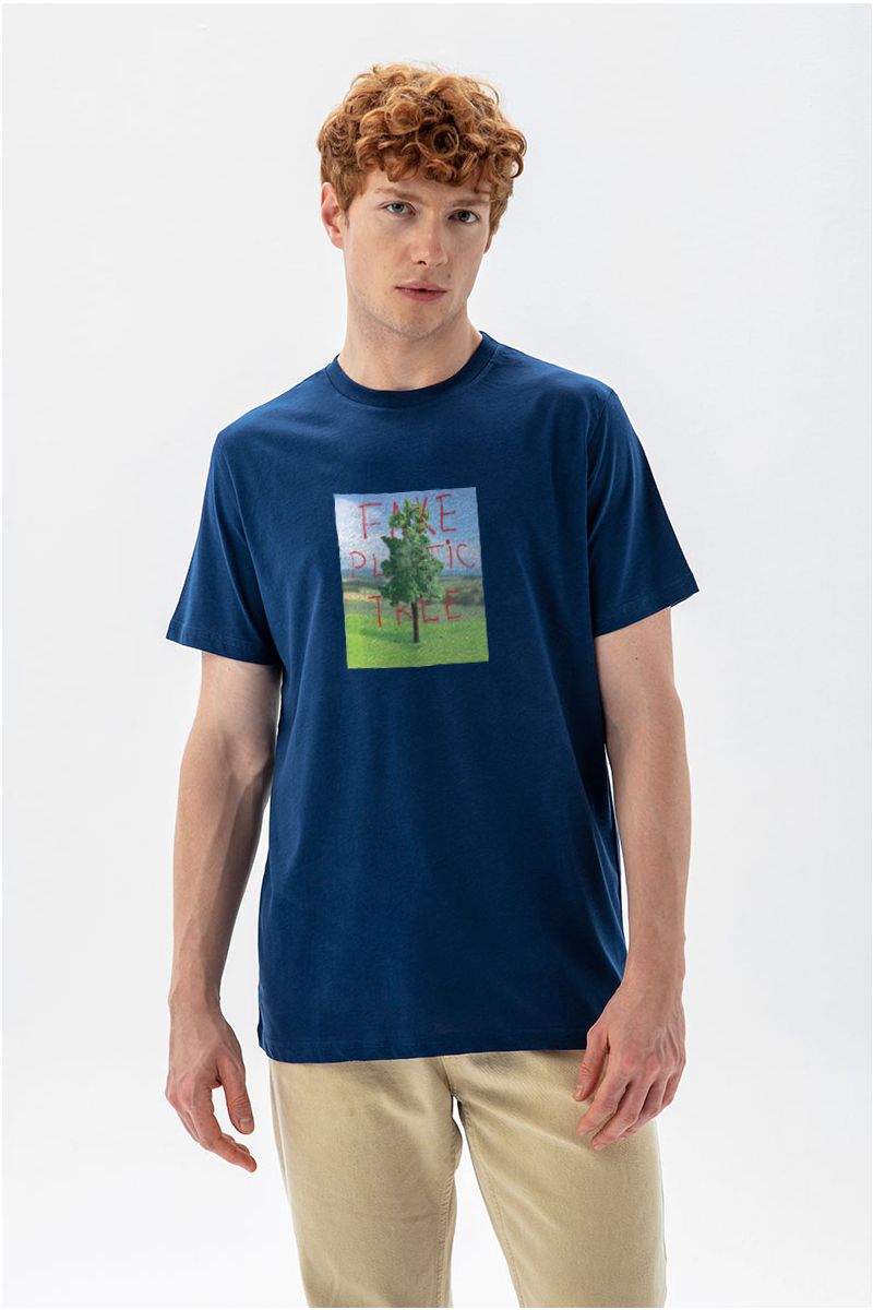 Navy Soft Fabric Plastic Tree Design Short Sleeve Tee
