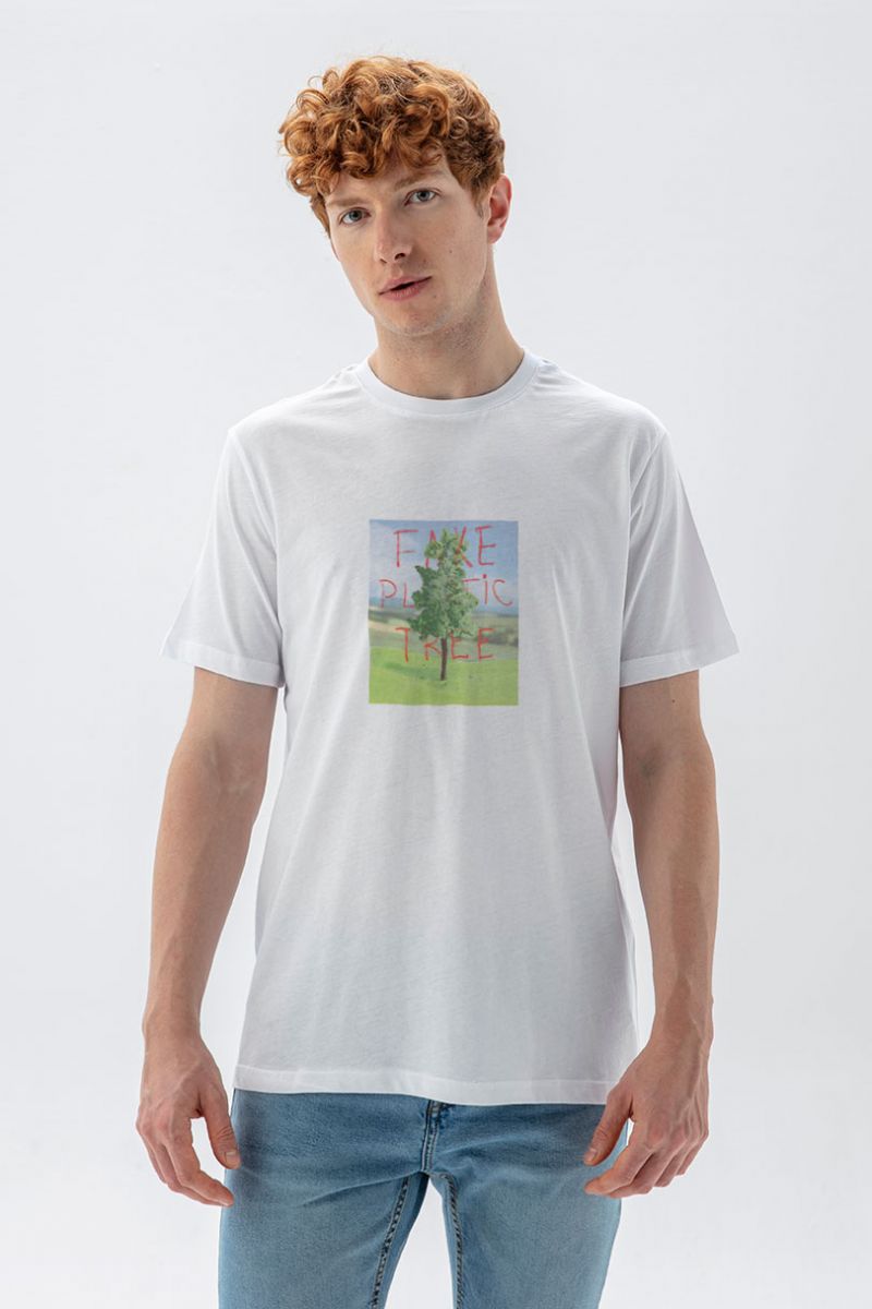 White Soft Fabric Plastic Tree Design Short Sleeve Tee