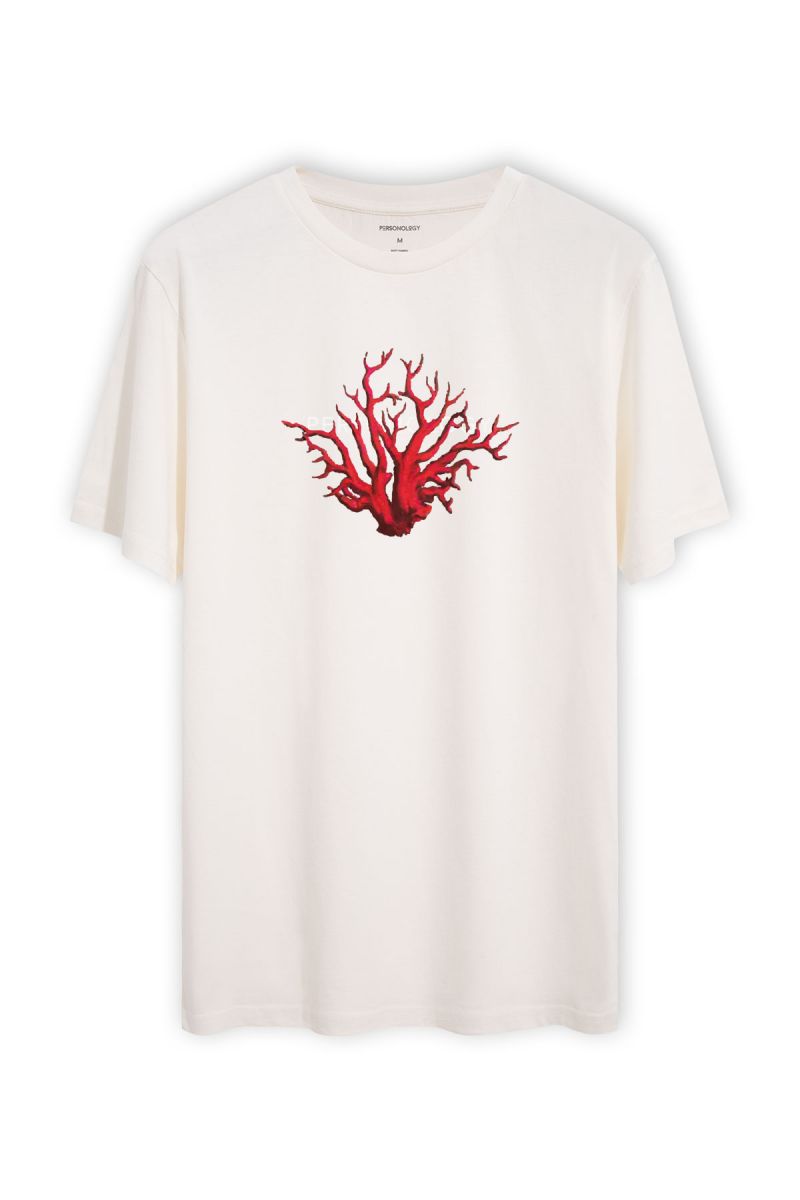 Off White Soft Fabric Sea Coral Design Short Sleeve Tee