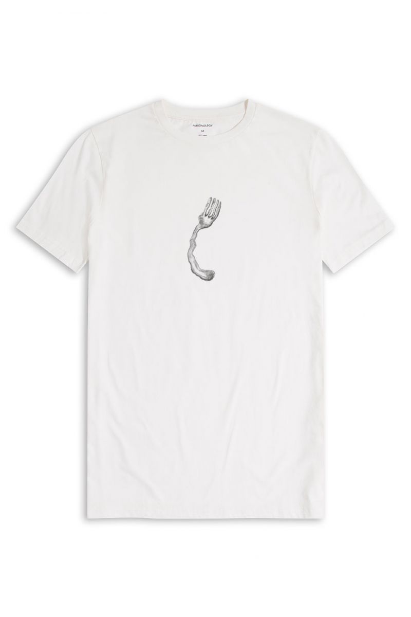 Off White Soft Fabric Silver Fork Design Short Sleeve Tee