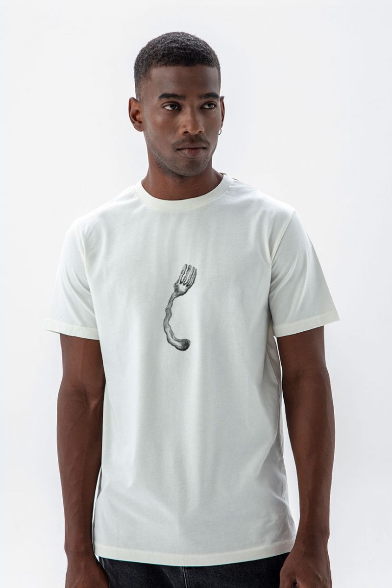 Off White Soft Fabric Silver Fork Design Short Sleeve Tee
