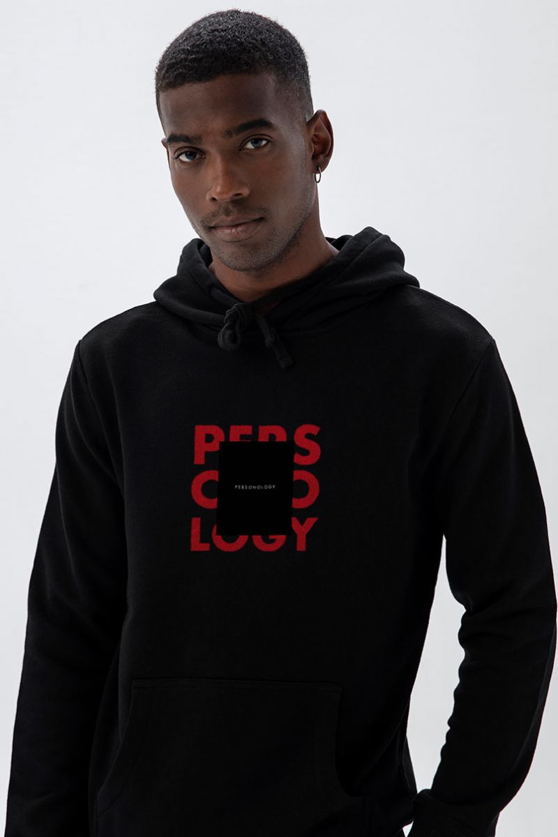 Black Premium Cotton Square Personology Design Pullover Hoodie
