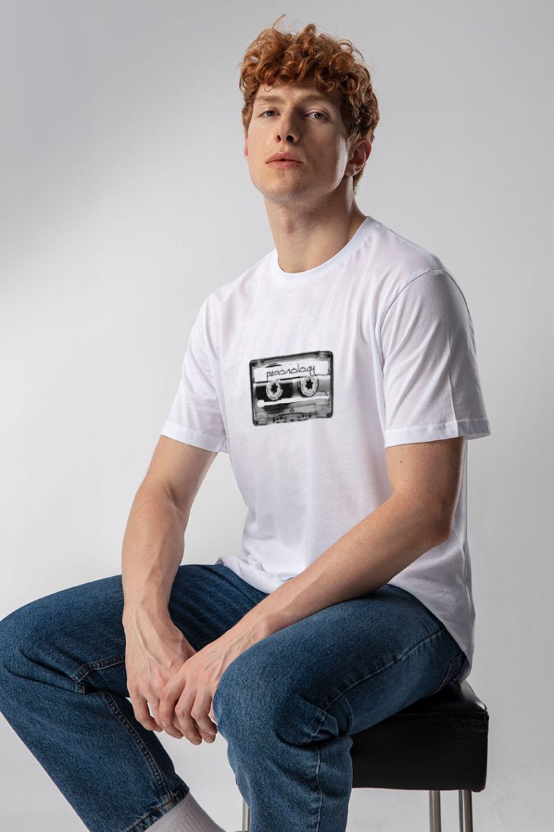 White Soft Fabric Tape Design Short Sleeve Tee