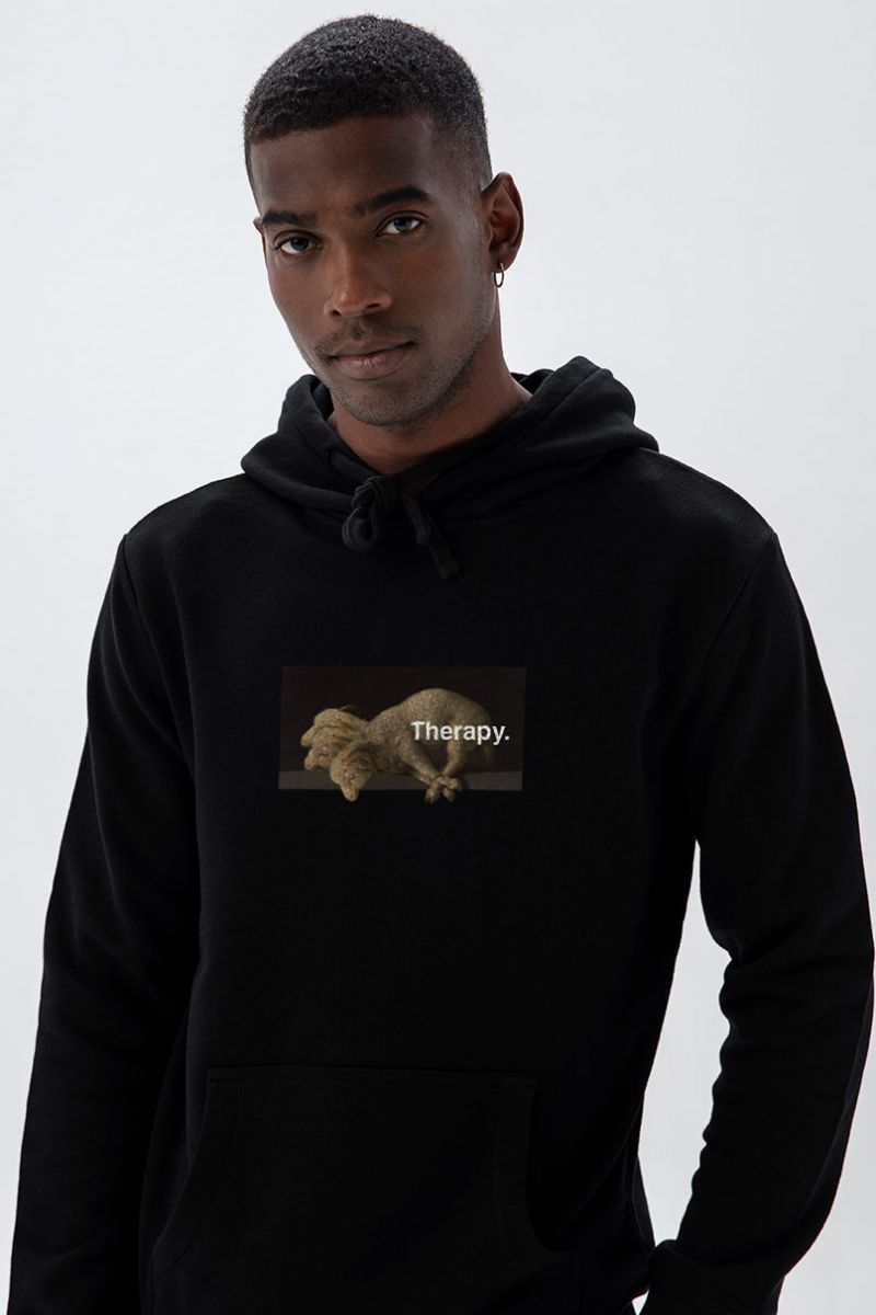 Black Premium Cotton Therapy Design Pullover Hoodie