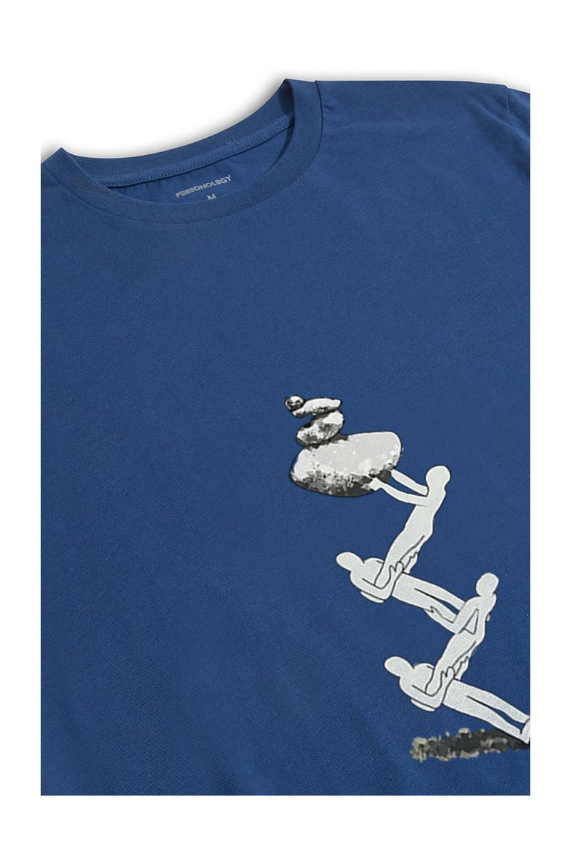 Navy Soft Fabric Zig Zag Stone Stand Design Short Sleeve Tee