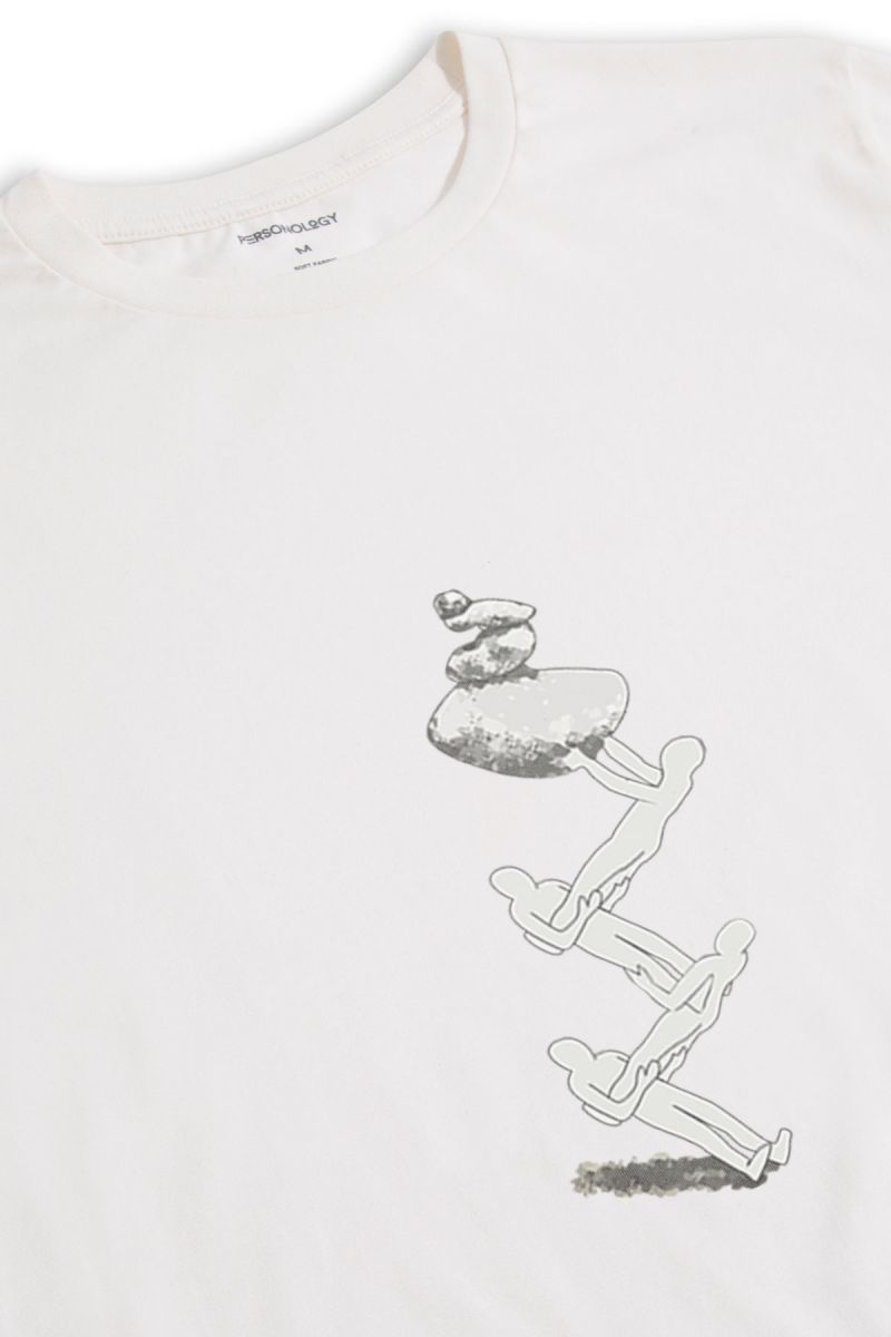 Off White Soft Fabric Zig Zag Stone Stand Design Short Sleeve Tee