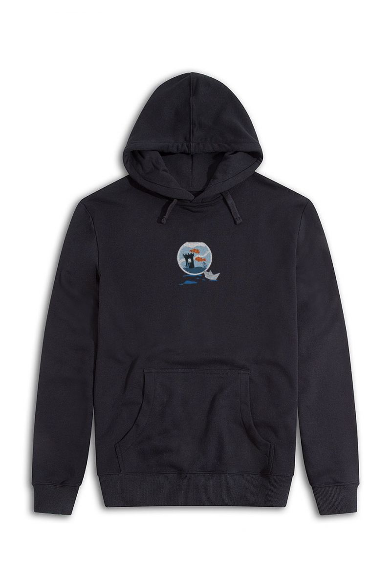 Black Premium Cotton Okeanos Design Pullover Hoodie