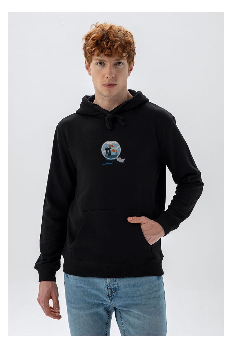 Black Premium Cotton Okeanos Design Pullover Hoodie