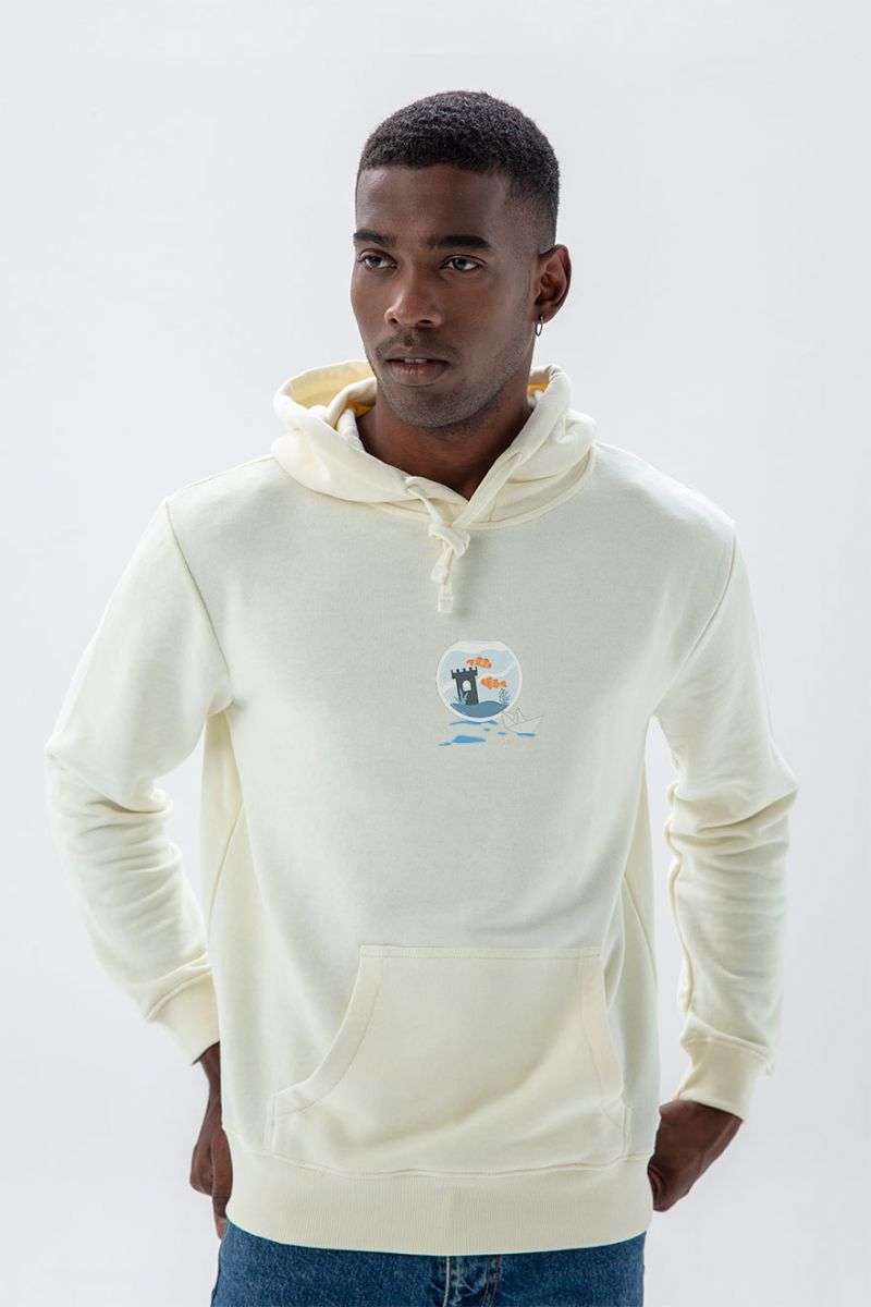 Ecru Premium Cotton Okeanos Design Pullover Hoodie