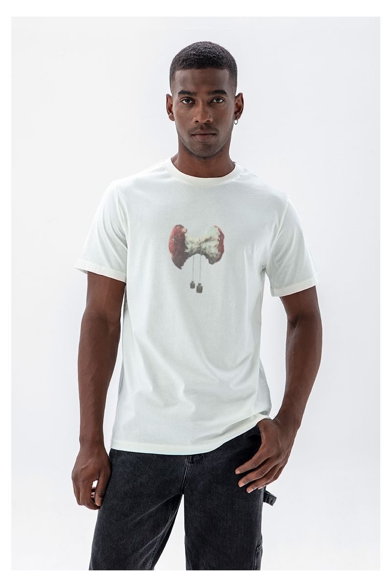 Off White Soft Fabric Bitten Design Short Sleeve Tee