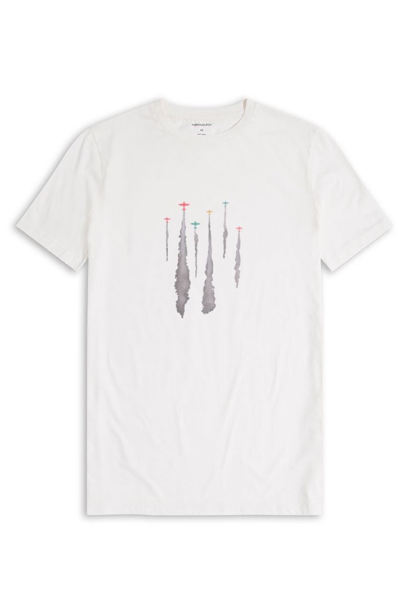 Off White Soft Fabric Flying Low Design Short Sleeve Tee