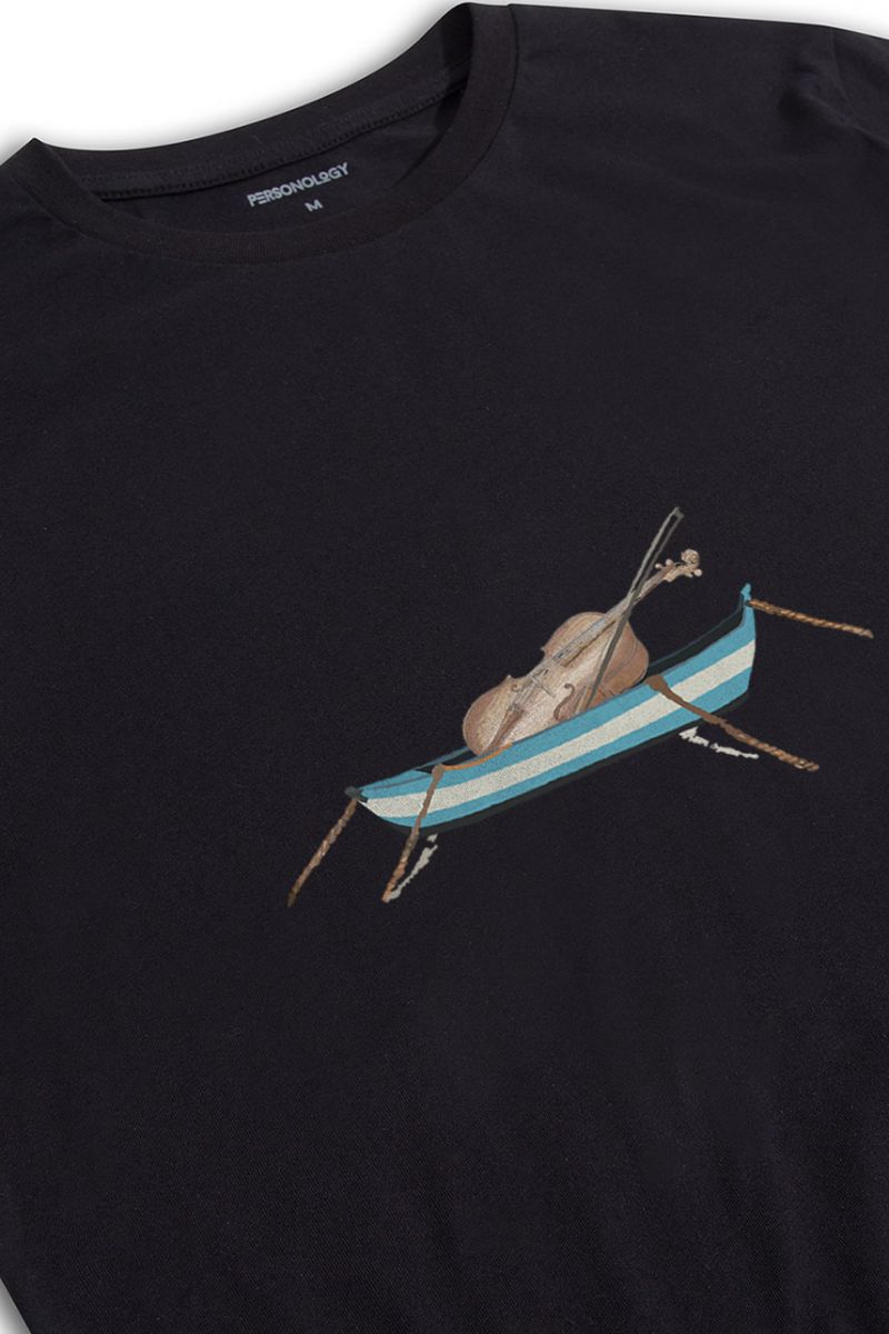 Black Soft Fabric Solo Violin Design Short Sleeve Tee