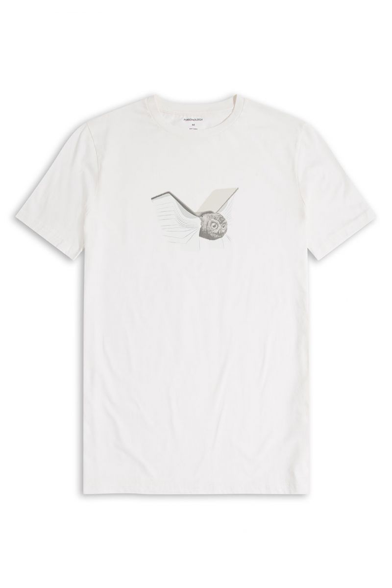 Off White Soft Fabric Uil Boek Design Short Sleeve Tee