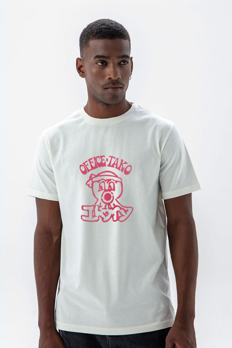 Off White Soft Fabric Office Tako Design Short Sleeve Tee