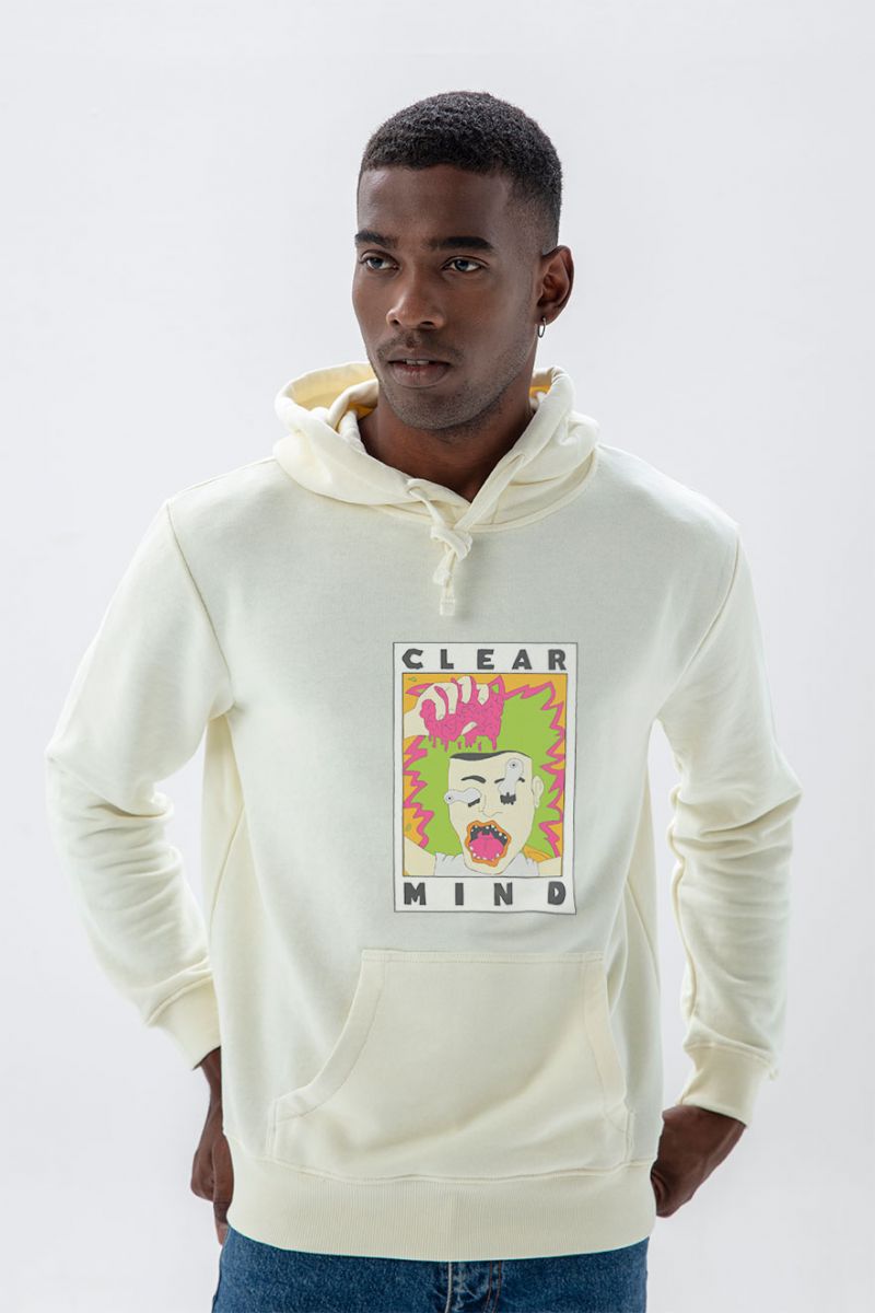 Ecru Premium Cotton Clear Mind Design Pullover Hoodie