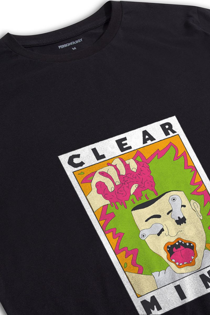 Black Soft Fabric Clear Mind Design Short Sleeve Tee