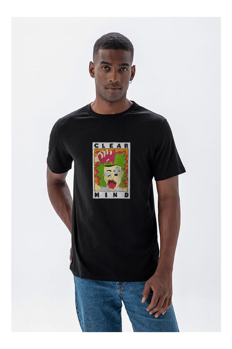 Black Soft Fabric Clear Mind Design Short Sleeve Tee